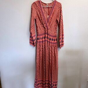 RAGA Women's Small Avah Coral Floral Split Front Bohemian Maxi Long Sleeve NEW